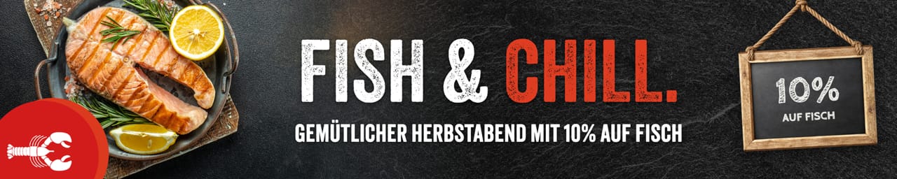 Fish & Chill: 10 % auf Fisch – Aktionsbanner mit gebratenem Lachs