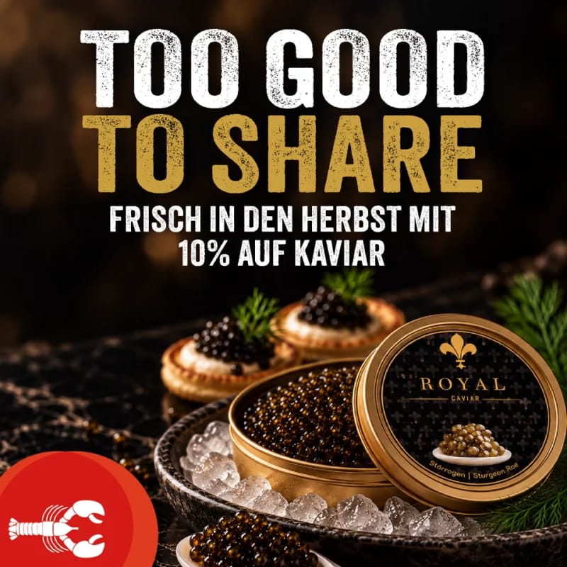 Kaviar-Aktion: 10 % auf Kaviar, 13. bis 19. Oktober 2026; Kaviardose und Häppchen